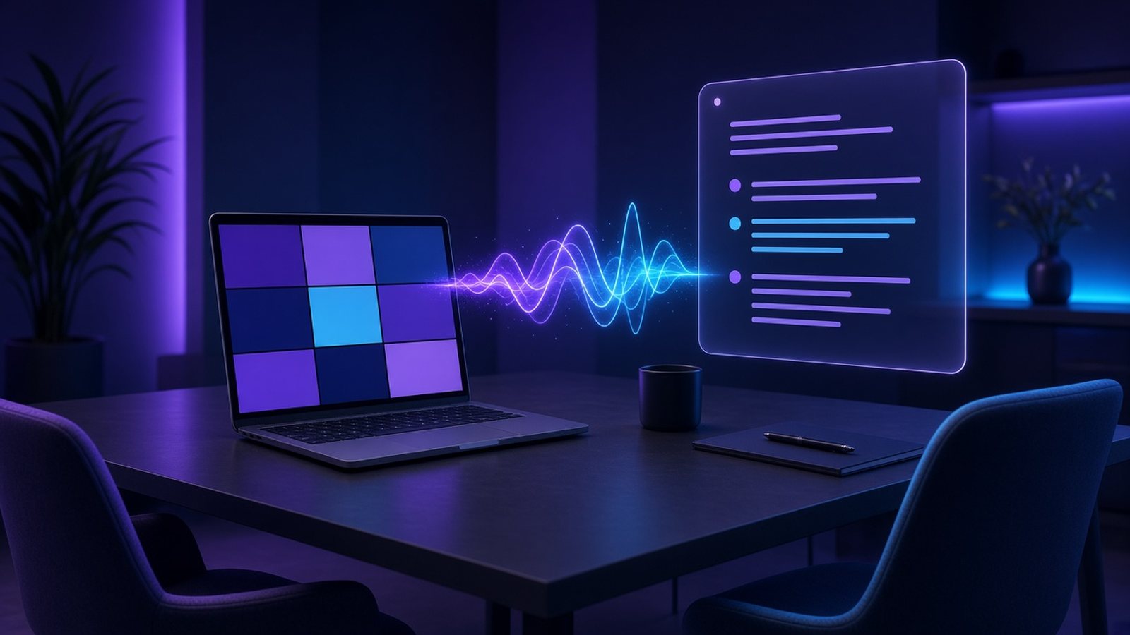 Laptop on a meeting table showing a video-call grid, with a sound wave turning into a floating transcript card