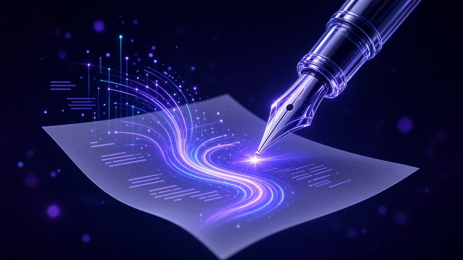 Glass fountain pen writing a ribbon of violet and cyan light across a floating sheet of paper
